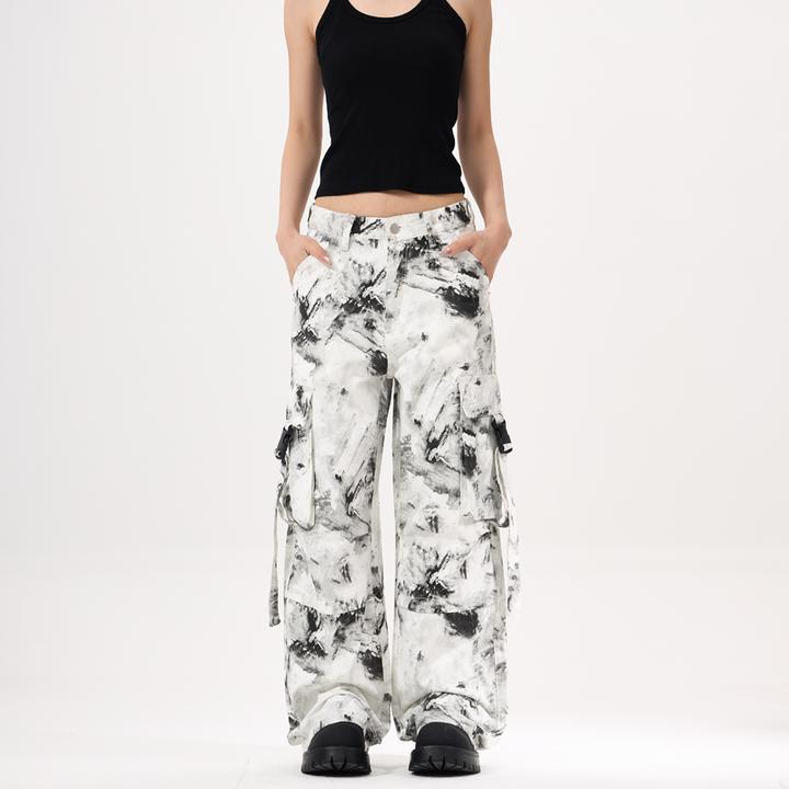 美式复古机能小众工装裤女夏季新款宽松直筒阔腿脏脏扎染长裤子