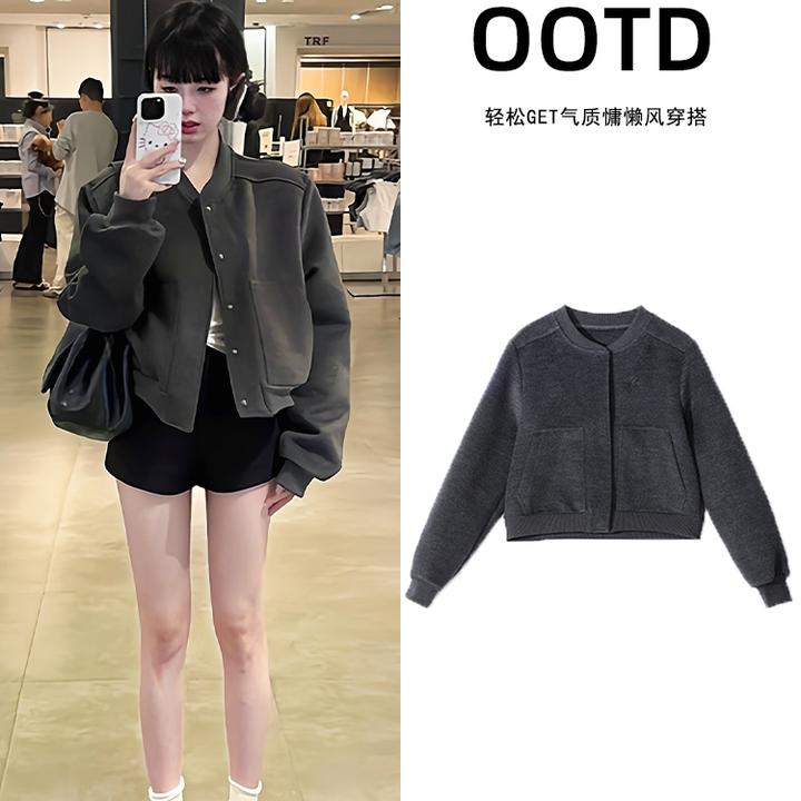 灰色秋季短款棒球服外套女春秋巴恩风早秋正肩夹克小个子毛呢卫衣