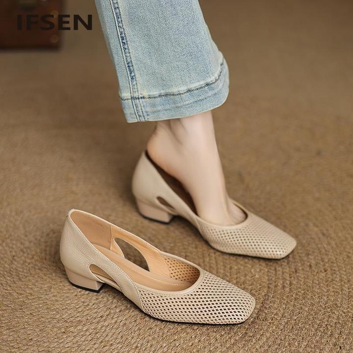 IFSEN真皮方头镂空浅口单鞋中跟女2025新款透气百搭中粗跟女鞋