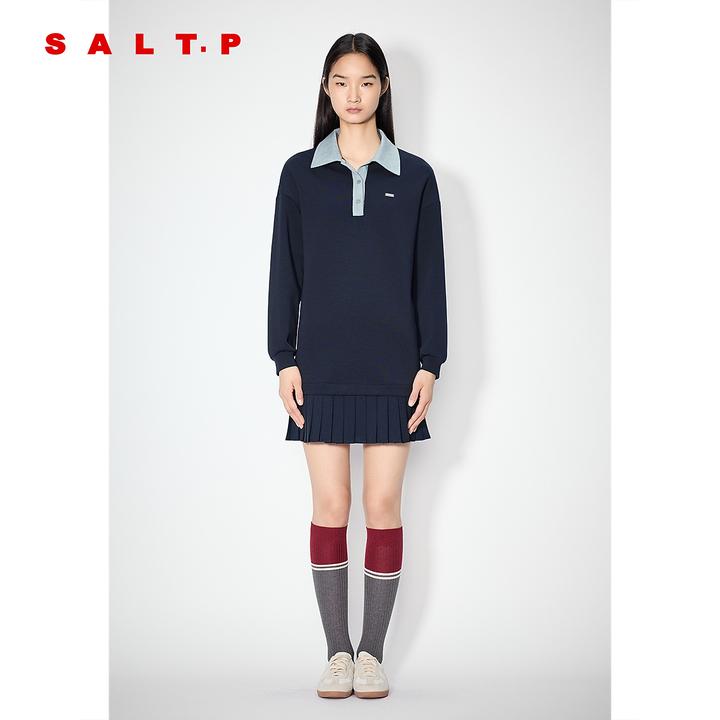 SALT.P可颜藏蓝牛仔撞色翻领H型连衣裙2025秋季新款