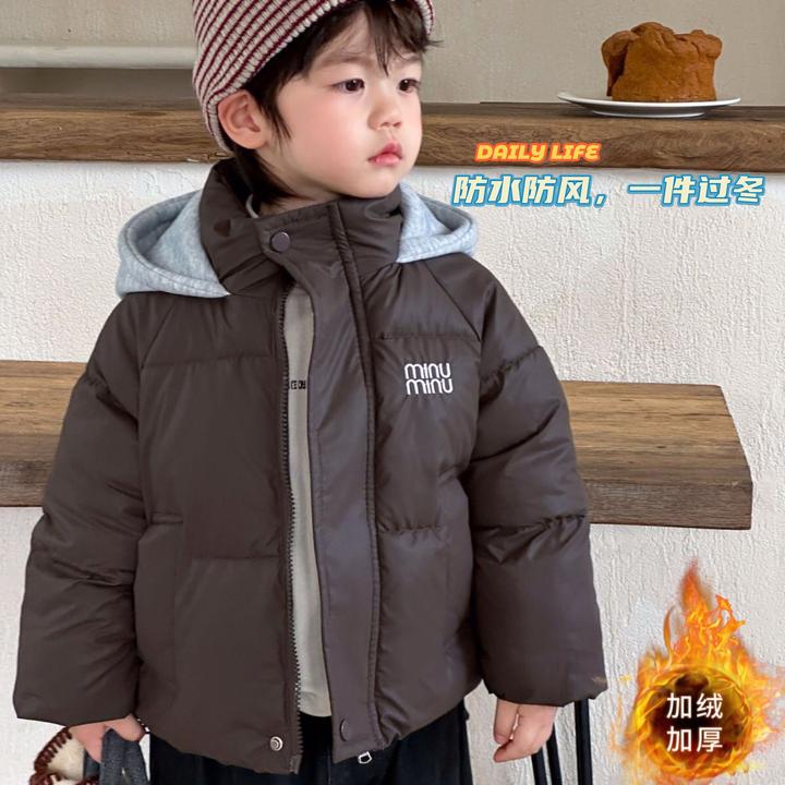 反季新款儿童棉袄男女宝宝加绒加厚保暖连帽外套防风洋气冬装棉服