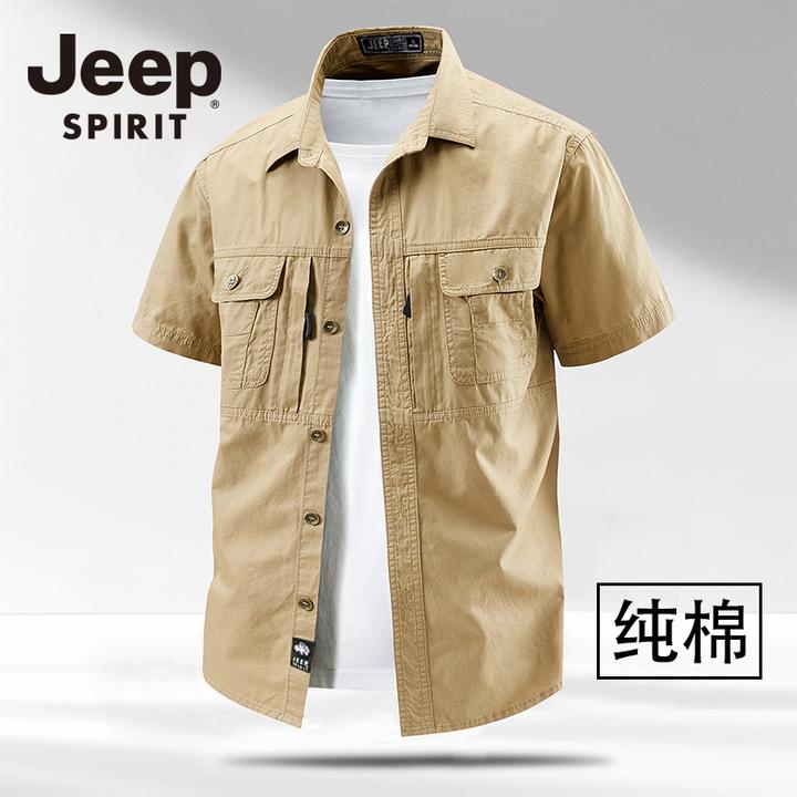 JEEP吉普户外短袖工装风衬衫男摄影多口袋衬衣中老年纯棉商务外套