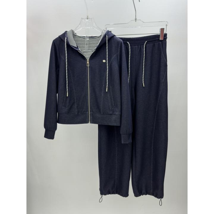 中年妈妈休闲运动套装女秋洋气连帽开衫外套条纹背心阔腿裤三件套