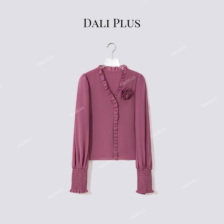 DALI PLUS“对丝叠襟花边”显白色 打揽工艺一手长袖衬衫-D5ST1266