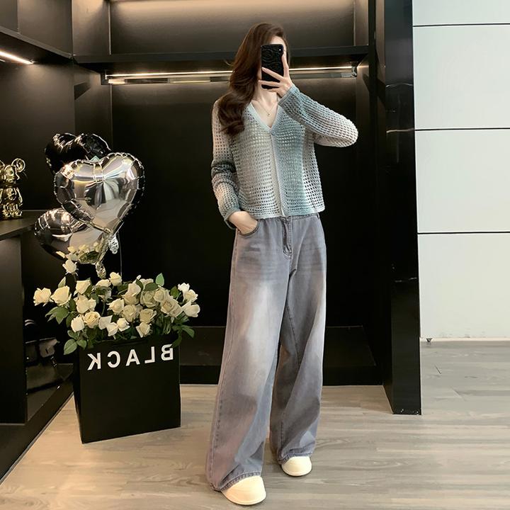 灰色镂空针织开衫2025秋季新款巨好看的时尚休闲阔腿牛仔裤两件套