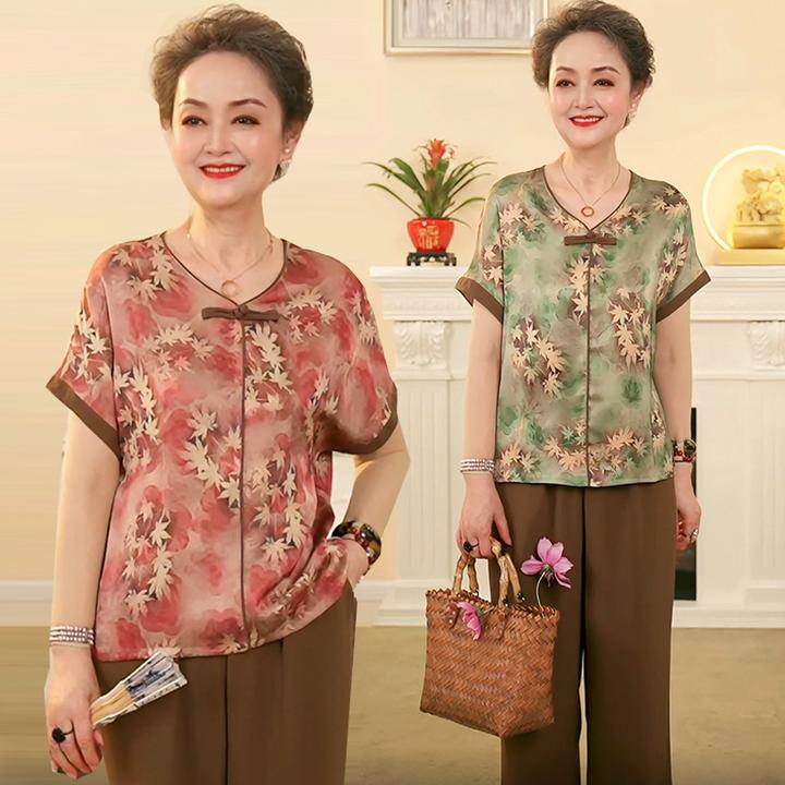 夏装新款奶奶V领两件套装洋气中老年女装妈妈装薄款老人衬衫