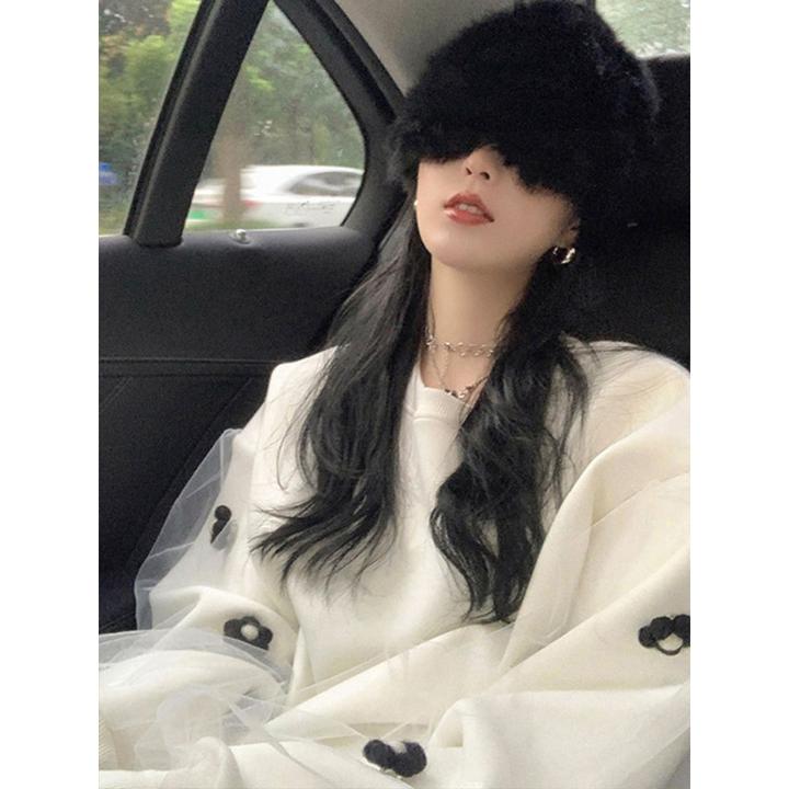 韩版设计感花朵圆领卫衣女2025秋冬加绒加厚宽松慵懒风小个子上衣