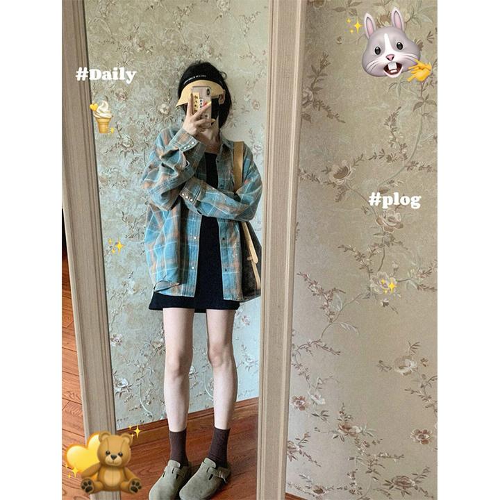 韩系格纹衬衫外套短袖连衣裙套装女春季气质高级感衬衣短裙两件套