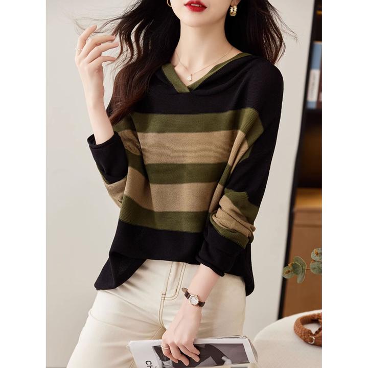 撞色条纹毛衣女士2024秋冬季新款大码减龄中性风外穿连帽针织卫衣