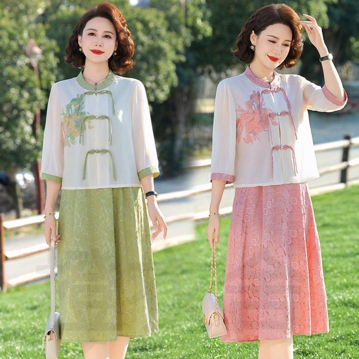 2025新款新中式妈妈夏装连衣裙套装中老年女装夏季国风衬衫两件套