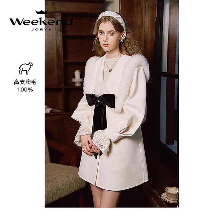 卓雅周末冬新款V领蝴蝶结口袋狐狸毛千金绵羊毛呢外套Q261025A