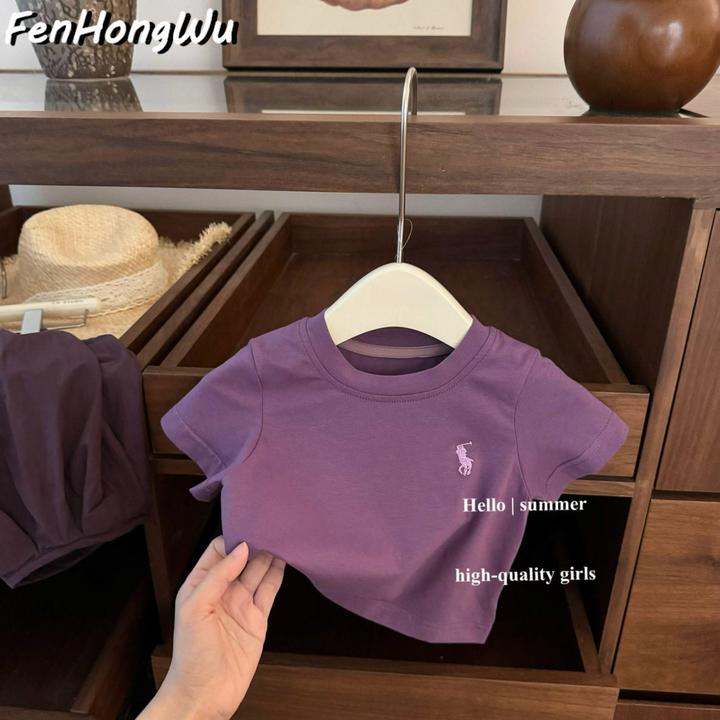 洋气儿童宝宝粉红屋小童套装拉夫葡萄紫短袖韩国童装刺绣恤两件套