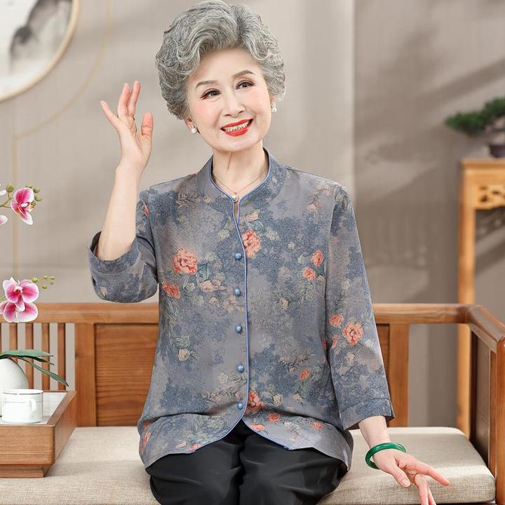 中老年人春装女60岁70妈妈装夏季套装衣服奶奶装唐装衬衫太太上衣