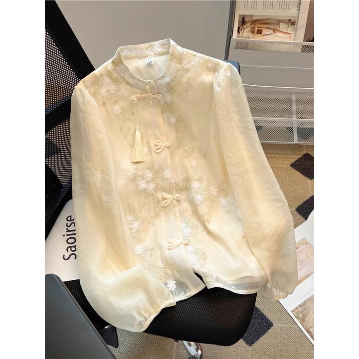 新中式国风刺绣雪纺衬衫大码女装胖mm早春高级感轻奢长袖小衫上衣