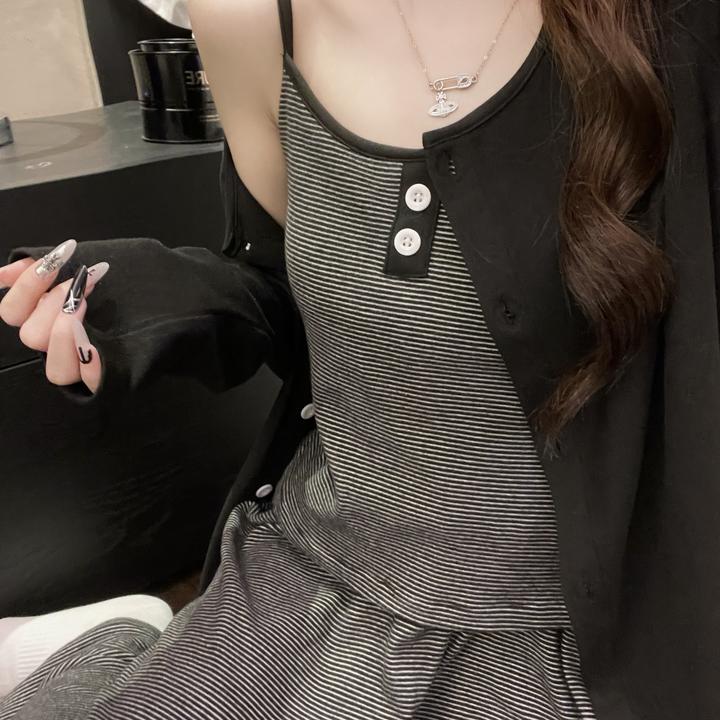 韩国原创秋冬新款家居服睡衣条纹三件套棉质开衫长袖带胸垫家居服