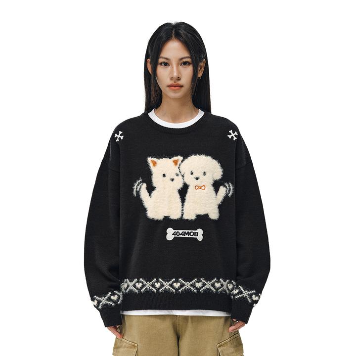 【廖俊涛同款】404MOB秋冬厚款提花趣味小狗毛衣圆领套头卫衣针织衫