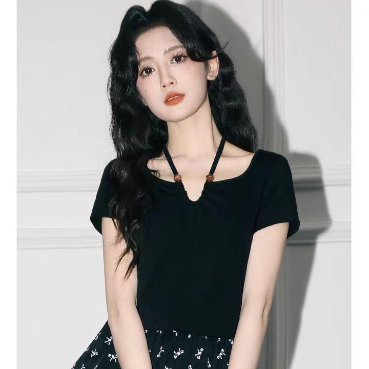 夏季木耳边修身内搭打底短款上衣性感黑色v领正肩不规则短袖t恤女