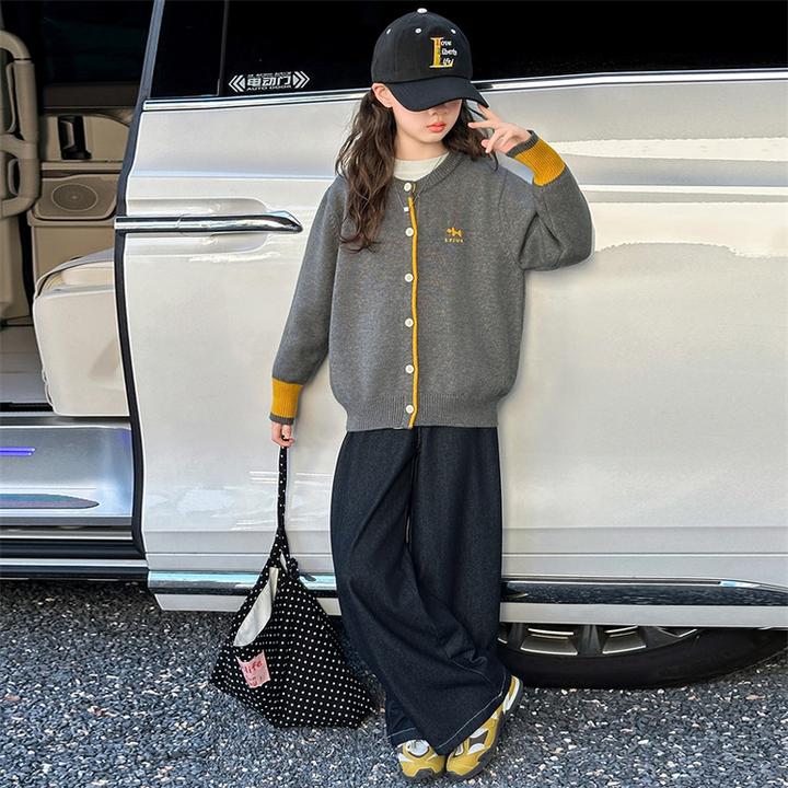 女童毛衣2025新款春秋装儿童洋气时髦中大童韩版拼色针织衫三件套