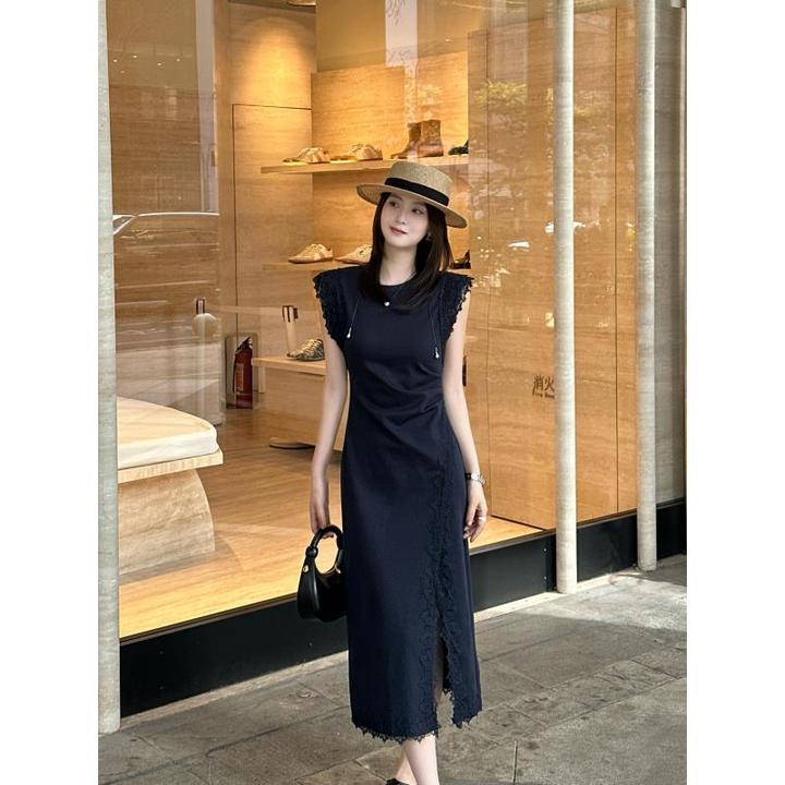 LUOZHIYIN/罗知音R123168W蕾丝拼接连衣裙新中式收腰国风开叉裙子