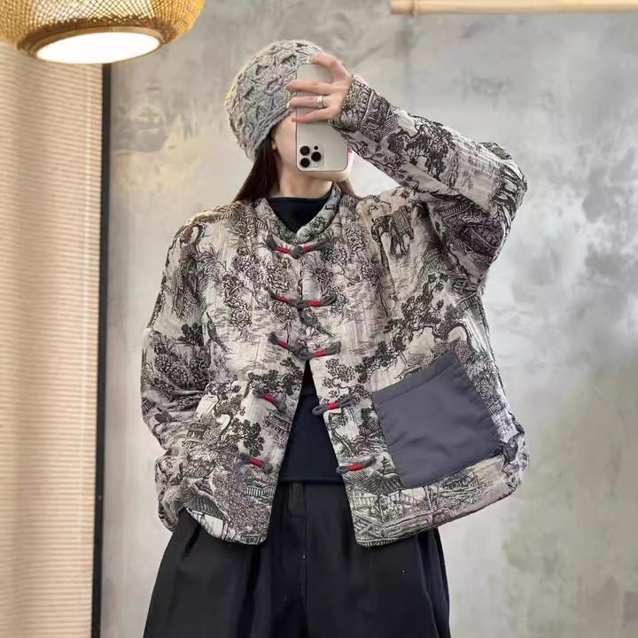 25年秋冬新款亚麻加棉棉衣新中式女士加厚棉服40-50岁国风女棉袄