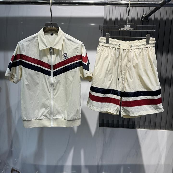 2025夏季新款时尚翻领拼色休闲短袖套装男士欧货修身短裤二件套潮