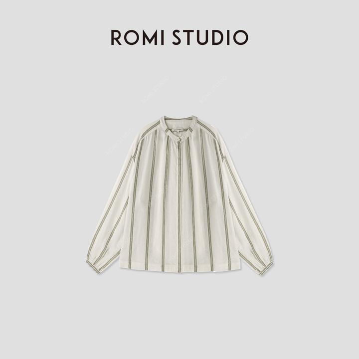 ROMI STUDIO“精致松弛感”亚麻设计感廓形圆领竖条纹衬衣 23AWT108