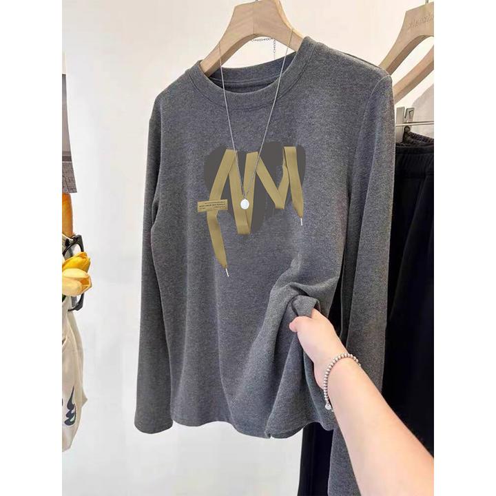 德绒磨毛正肩长袖t恤女百搭圆领上衣加厚款保暖内搭打底衫秋冬季