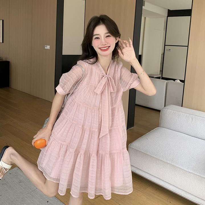 法式甜美泡泡袖时尚气质粉色法式女中长裙夏季连衣裙显瘦小个子