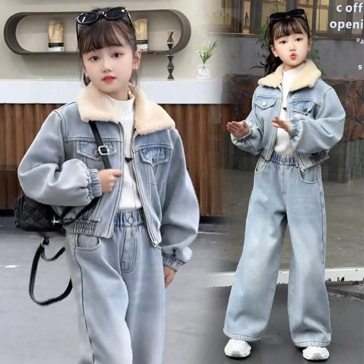 女童6-12岁加绒潮款裤子女童加绒牛仔套装秋冬装网红加厚短款外套