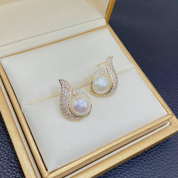 合金仿珍珠耳饰 高级感微镶满钻耳钉耳环小众时尚女款