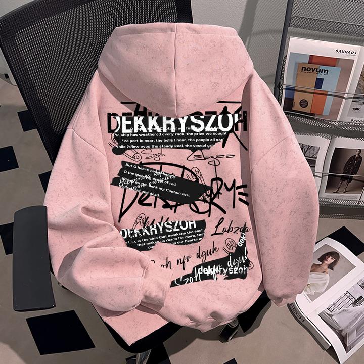 Dekkry潮流炫酷英文别针印花冬季蜡染连帽卫衣加绒男女情侣装上衣