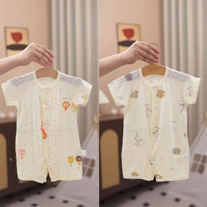 婴儿羽纱棉短袖连体夏季薄款男女宝宝后背网眼哈衣新生儿爬服睡衣