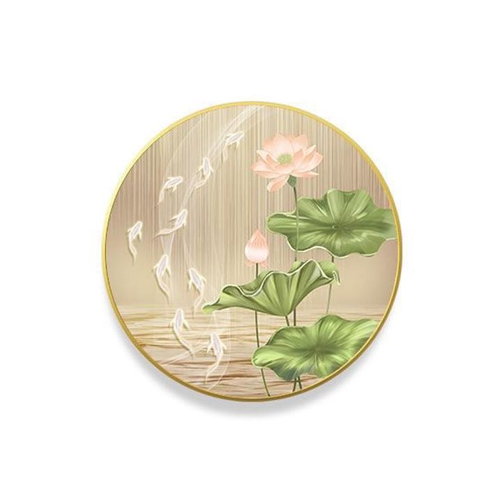 荷花九鱼图玄关装饰画新中式圆形画走廊过道挂画轻奢led灯画壁画