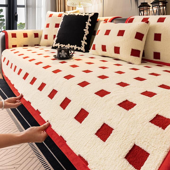 2025新年喜庆毛绒沙发垫秋冬季高级感直排皮沙发坐垫防滑套罩盖布