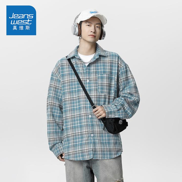 Jeanswest/真维斯潮牌男生格纹衬衫春秋季宽松百搭休闲长袖外套男