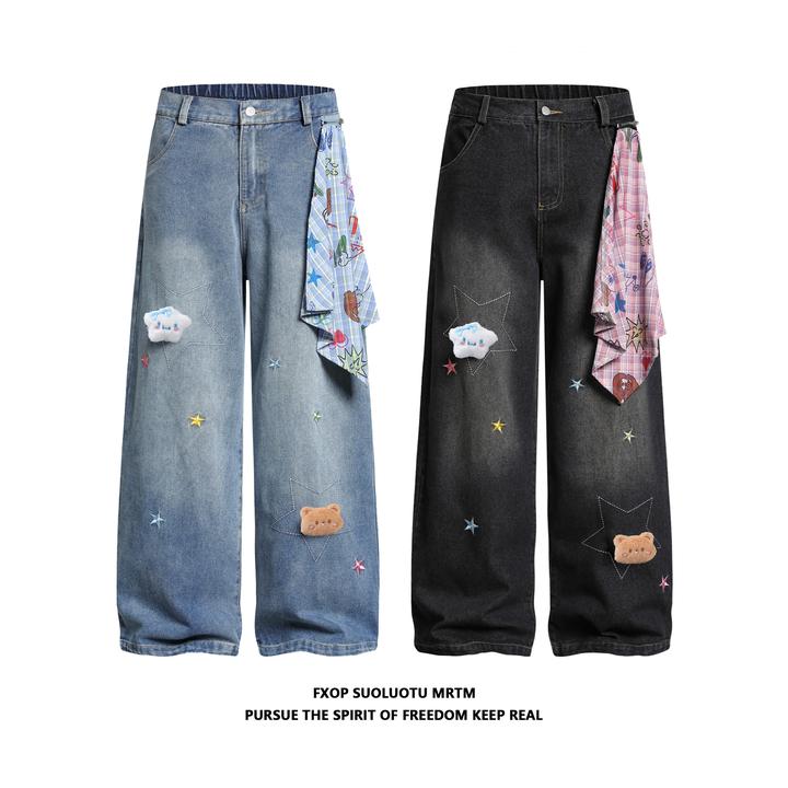 FXOP星星刺绣软牛仔裤显瘦显高配卡通公仔阔腿裤高街潮流裤子W155