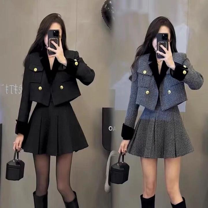 网红洋气新款红色香风套装时髦短款外套高腰百褶百褶裙短裙两件套