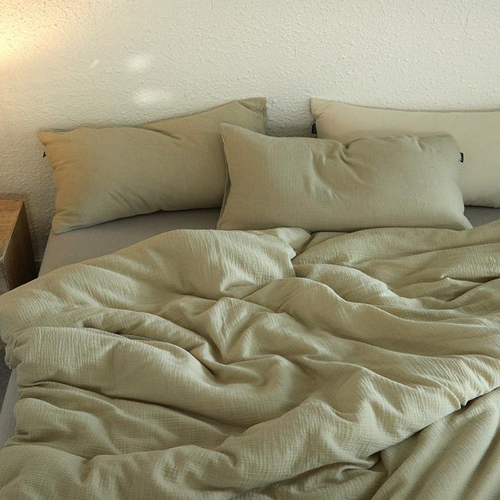 素色复古A类全棉褶皱双层纱四件套色织纯色纯棉纱布床单被套床笠