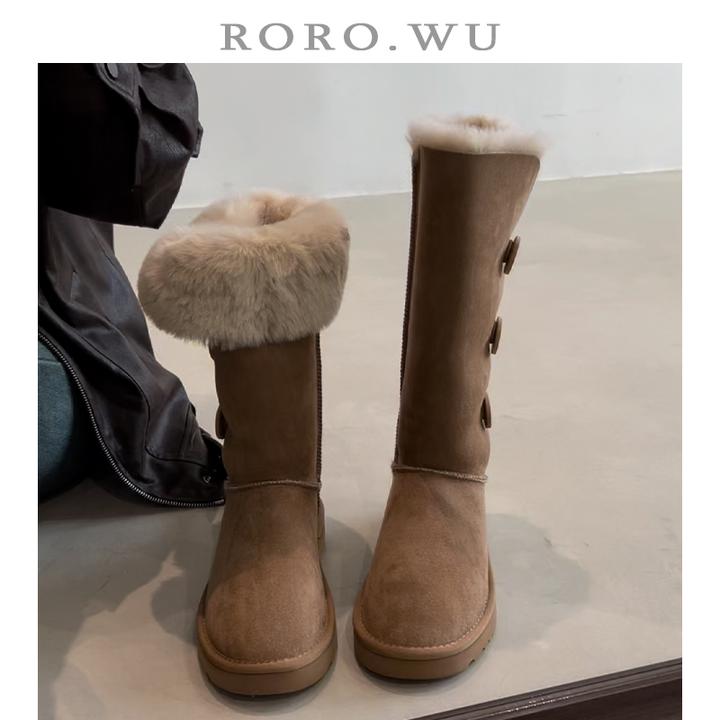 娆娆吴·纽扣翻折两穿增高保暖毛毛靴秋冬新款粗跟高筒雪地靴女Z55