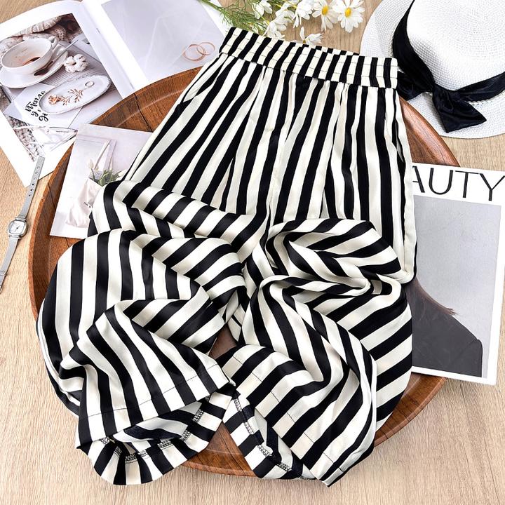 冰丝条纹休闲阔腿裤女士2025夏季新款松紧高腰显瘦垂感薄款直筒裤