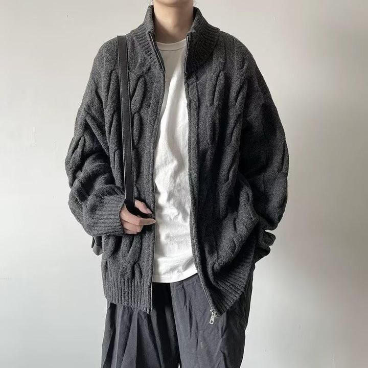 立领麻花针织开衫外套男秋冬季2025新款慵懒风外穿宽松休闲毛衣潮