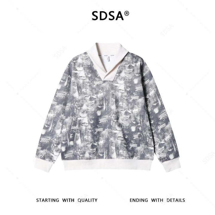 SDSA男士秋冬新款痞帅男装时尚扎染拼接翻领卫衣百搭时尚套头上衣