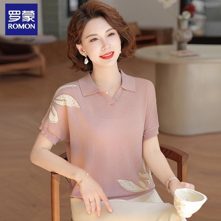 罗蒙妈妈夏装短袖t恤2025新款中老年女翻领宽松上衣时尚针织小衫