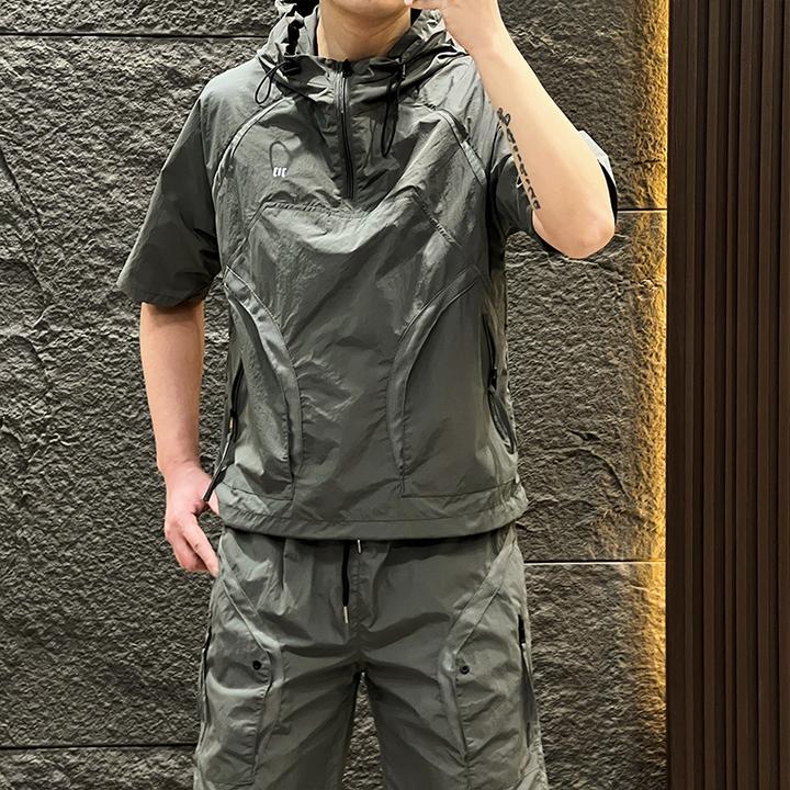 新款拼接连帽套装夏季休闲运动套装男潮流宽松工装短袖百搭两件套