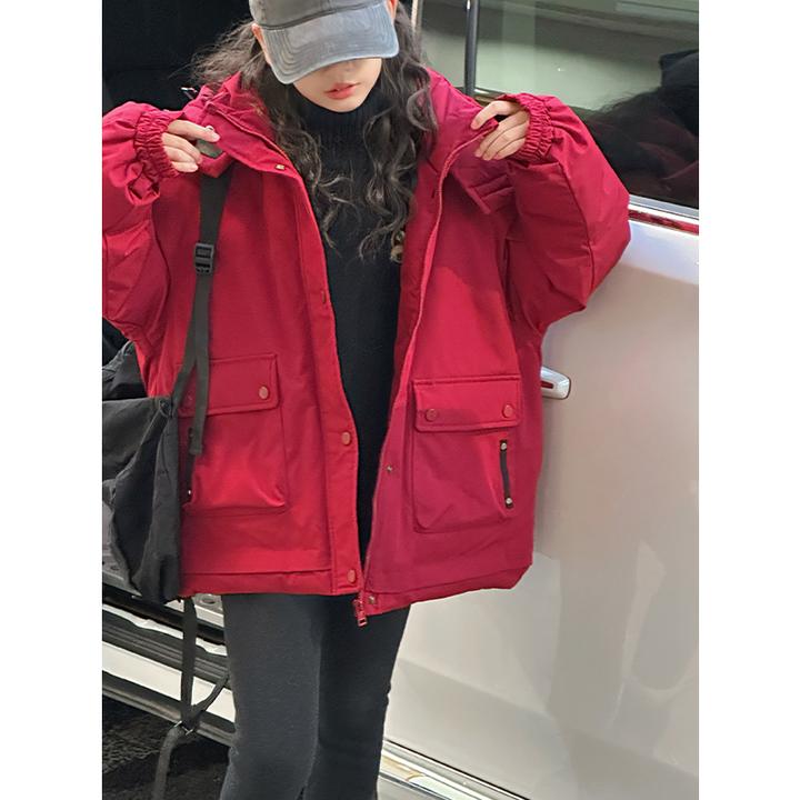 K27877女童工装羽绒服2025新款秋冬装儿童连帽外套红色新年装时髦