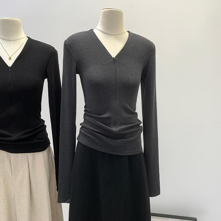 美式辣妹拉链正肩修身V领长袖t恤女2025显瘦新款内搭打底衫上衣