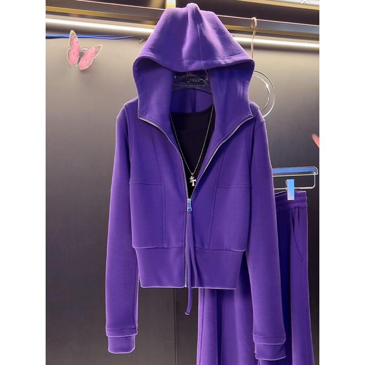 玫红色修身卫衣连帽外套女2025秋冬新款高级感洋气短款百搭上衣