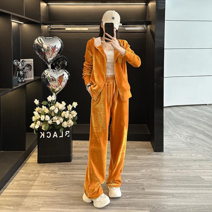 高级感丝绒休闲运动套装女2025春季洋气炸街外套上衣阔腿裤两件套