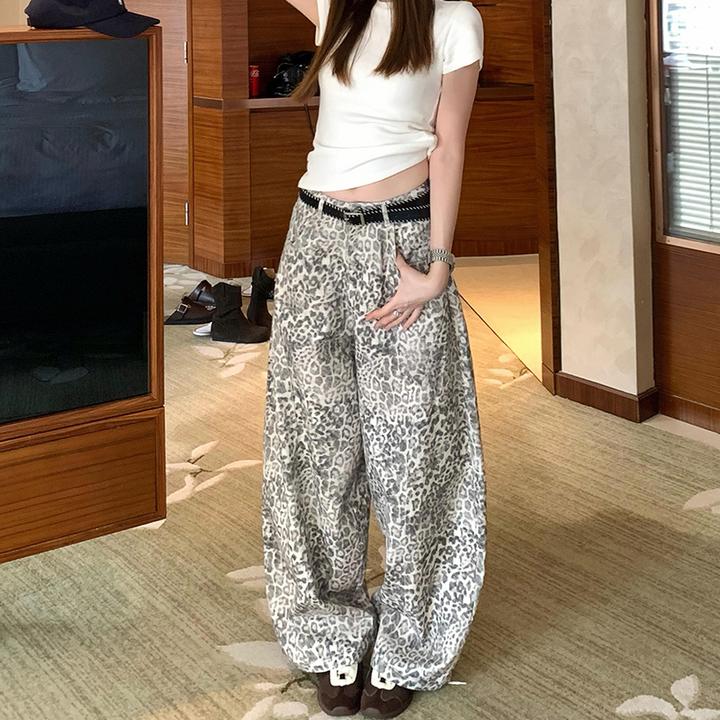 复古豹纹设计感弯刀牛仔裤女秋季新款廓形松弛感慵懒宽松阔腿长裤