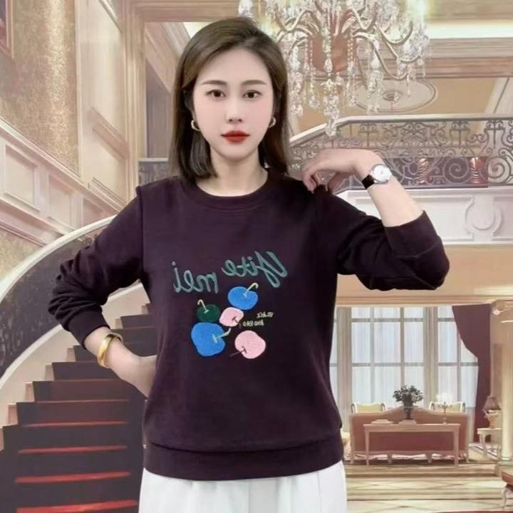 时尚刺绣圆领长袖卫衣2025秋冬新款Z宽松显瘦中年妈妈装百搭上衣